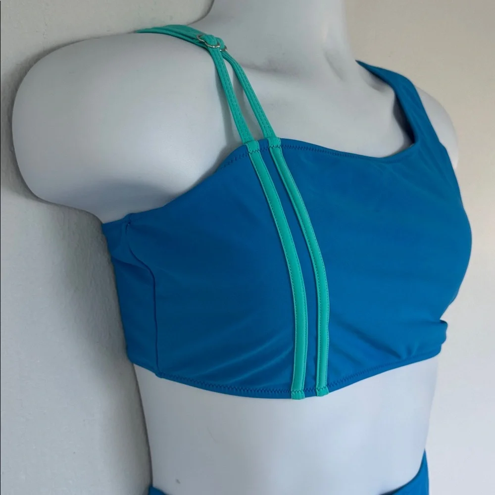 Blue asymmetrical strappy stripe print high waist two piece swimsuit size XL